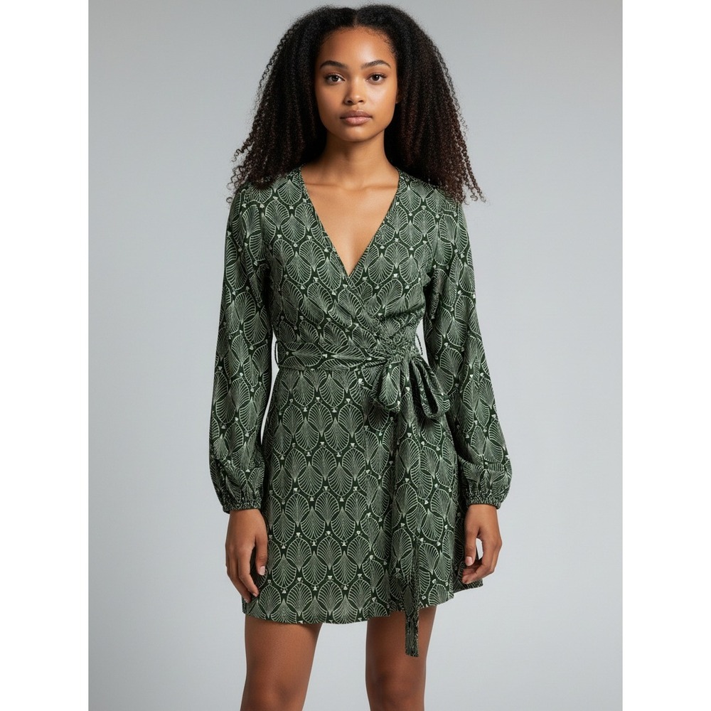Band of the Free Green Print Long Sleeve Mini Wrap Dress NWT Small